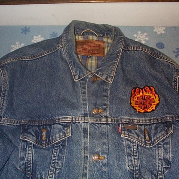 Vintage Levi's USA made Trucker jacket Plaid Lining Harley patches size XL - Picture 2 of 6